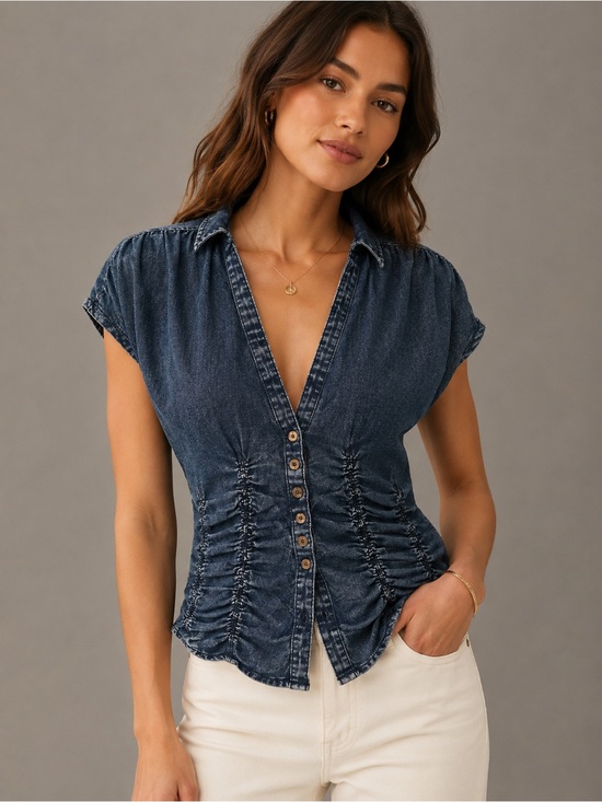 Pilcro Tops - Pilcro Anthropologie Denim Ruched Button Front Top Size Large Chambray Blouse